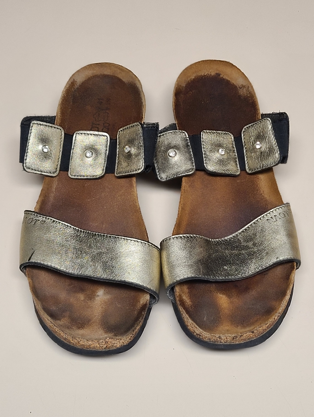Naot Ashley Rhinestone Metallic leather wedge slide sandals size 41